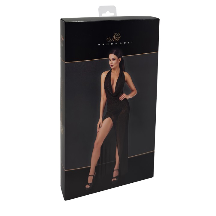 Robe longue fendue Onyx F373 - Noir Handmade